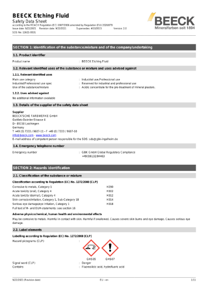 Beeck Etching Fluid - Safety Data Sheet