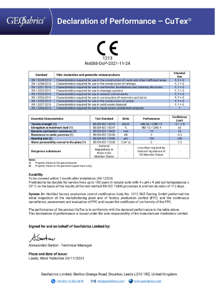 Declaration of Performance – CuTex - CE