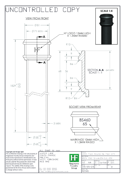 65mm Plain Rainwater Pipe Drawing