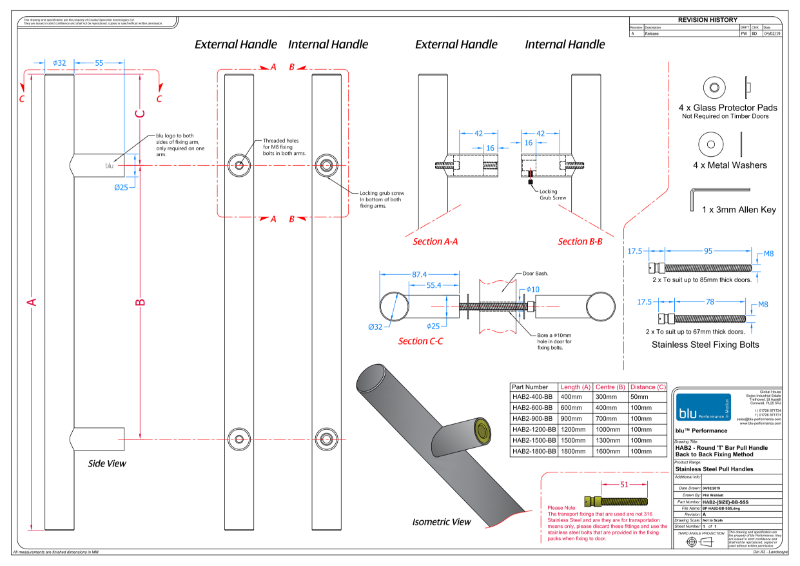 BLU™ - HAB2 Inline Round 'T' Bar Pull Handle Back to Back Fix