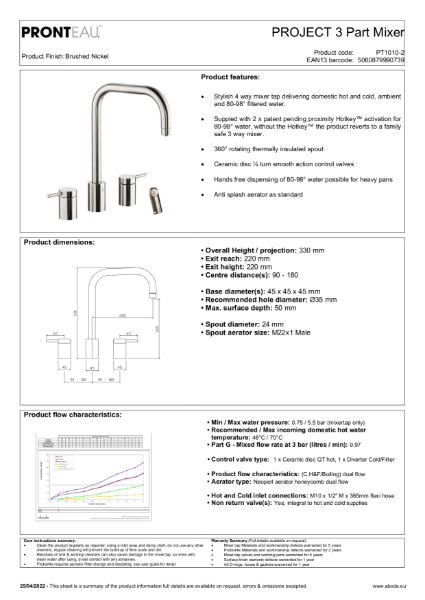 PT1010-2 Pronteau Project 3 Part (Brushed Nickel), 4 IN 1 Steaming Hot Water Tap - Consumer Spec