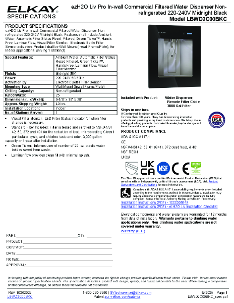Elkay LBWD2C00 Technical Data Sheet