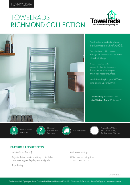 Richmond Towel Rail Non-Thermostatic Data Sheet