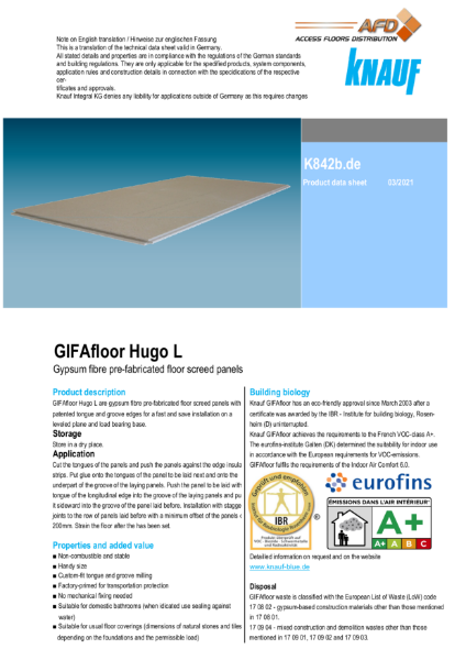 GIFAfloor Hugo Dry Screed Panel Data Sheet