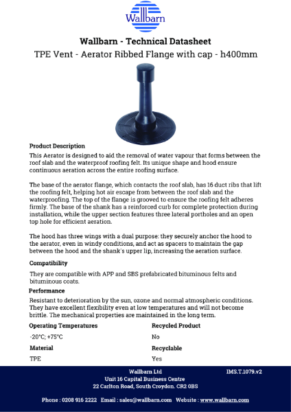 Datasheet - TPE  Vent / Aerator 400mm(H) with PP Cap