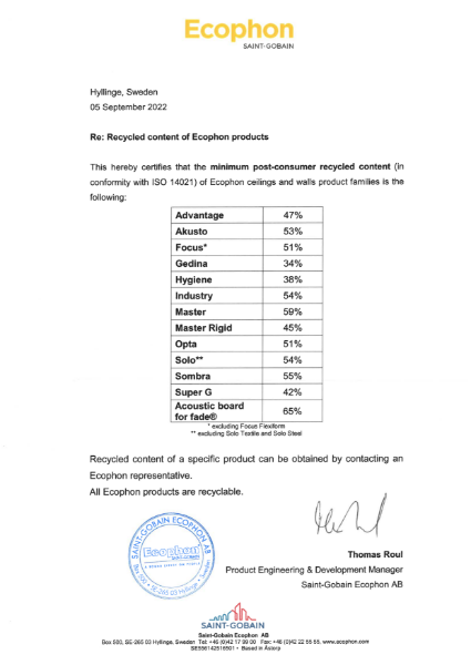 Ecophon Certificate of Recycled Content of products - September 2022