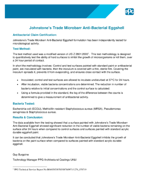 Johnstone's Microbarr Anti Bacterial Acrylic Eggshell Claim Certification