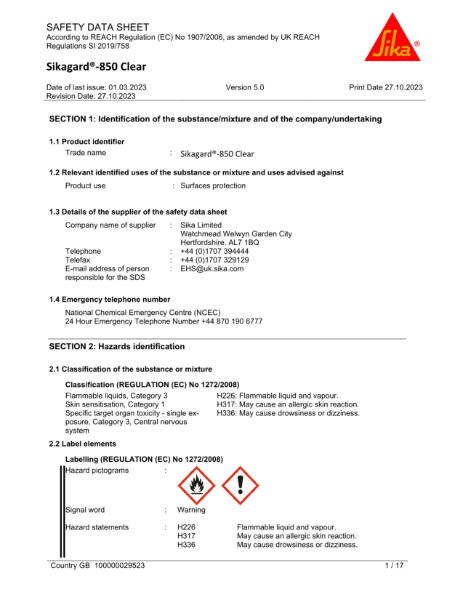 Sikagard 850 Safety datasheet