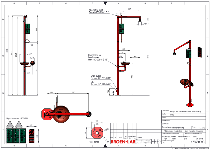 Freestanding Emergency Body Drench shower with eye/ face shower and bowl, modular