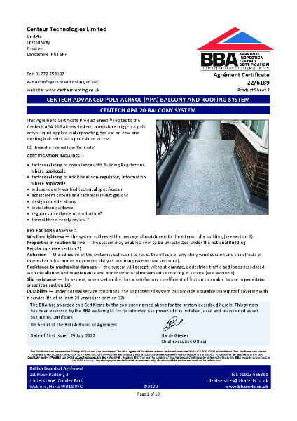 BBA Certificate - Centech APA Balcony System