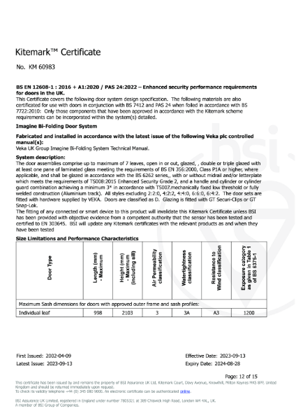 Imagine Bi-Fold Door Kitemark™ Certificate No. KM 60983