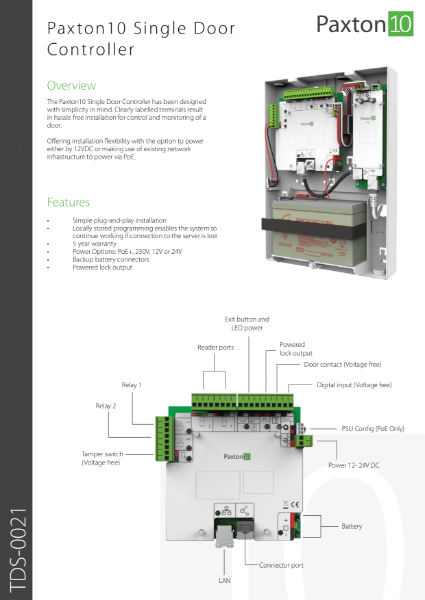 Paxton10 Controller, 12V 2Amp PSU in cabinet - data sheet