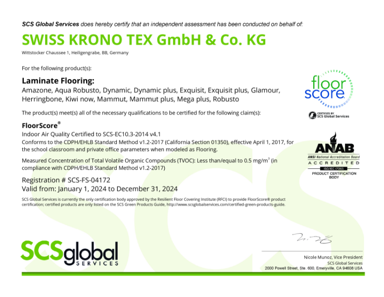 Kronotex Floorscore Certificate 2024