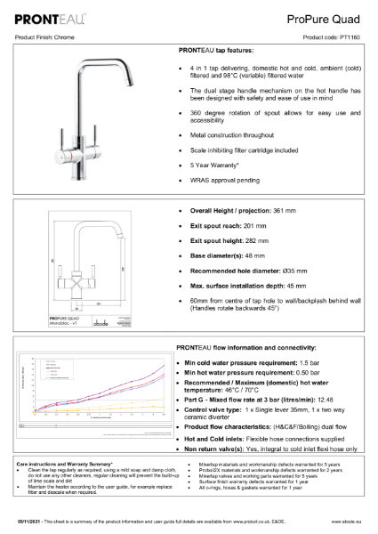 PT1160 PRONTEAU Propure Quad Spout (Chrome), 4 in 1 Tap - Consumer Specification