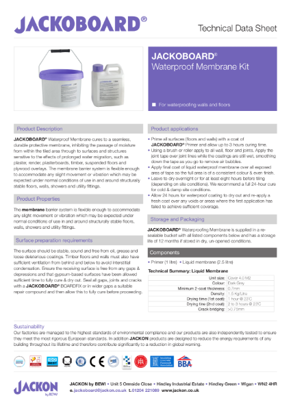 JACKOBOARD® Waterproof Membrane Kit Technical Data Sheet