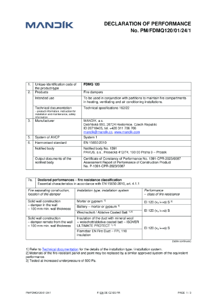 FDMQ 120 – Declaration of performance (CE)
