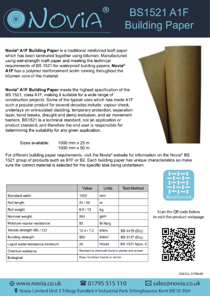 Novia A1F Building Paper Technical Datasheet July 22