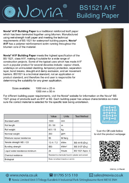 Novia A1F Building Paper Technical Datasheet