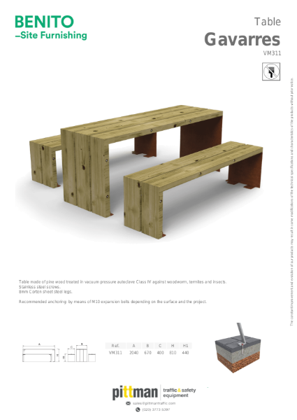 Benito Gavarres Picnic Table Data Sheet