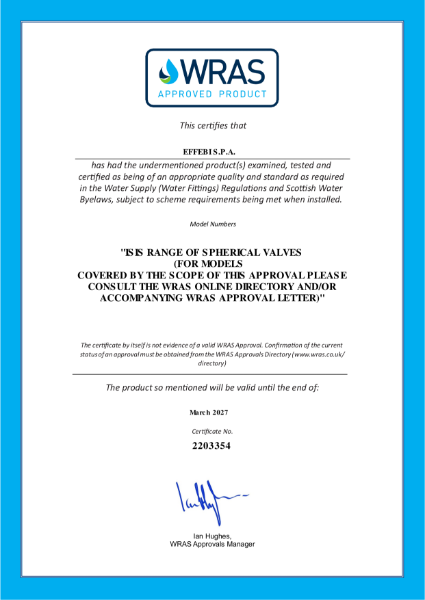 Series 2411V DZR Ball Valve WRAS Certificate