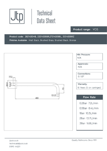 VOS Shower Arm 400 mm – Product Data Sheet