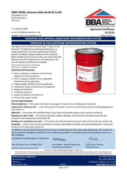 15/5223 Enkopur 1k Polyurethane Waterproofing System