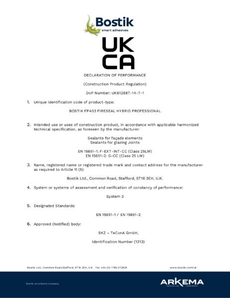 Bostik FP403 UKCA Declaration of Performance