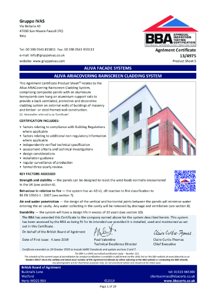 BBA 13/4975 Product Sheet 5 Aliva Ariacovering rainscreen cladding system