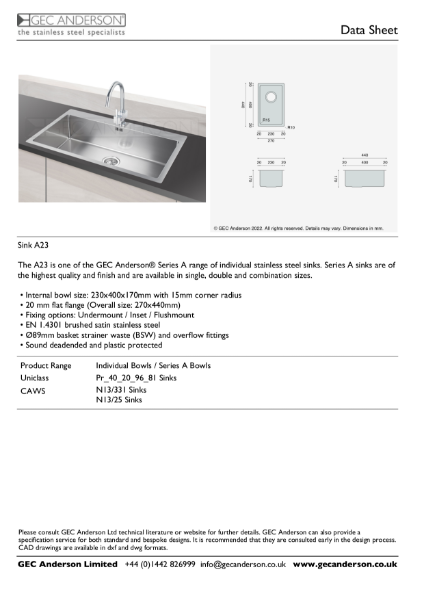 GEC Anderson Data Sheet - Series A sink: A23
