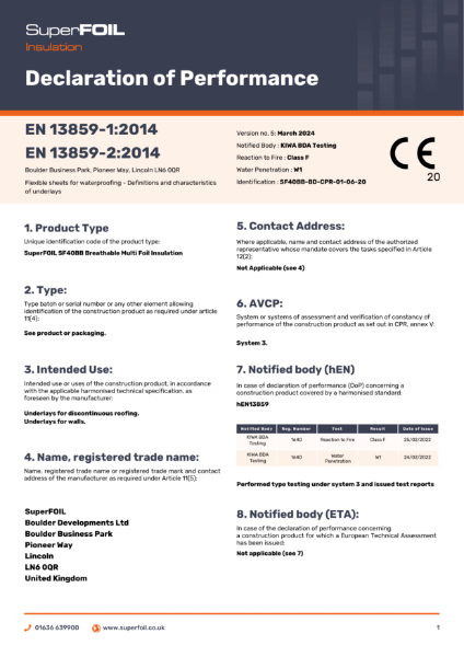 SF40BB Declaration of Performance (DOP): SF40BB-BD-CPR-01-06-20