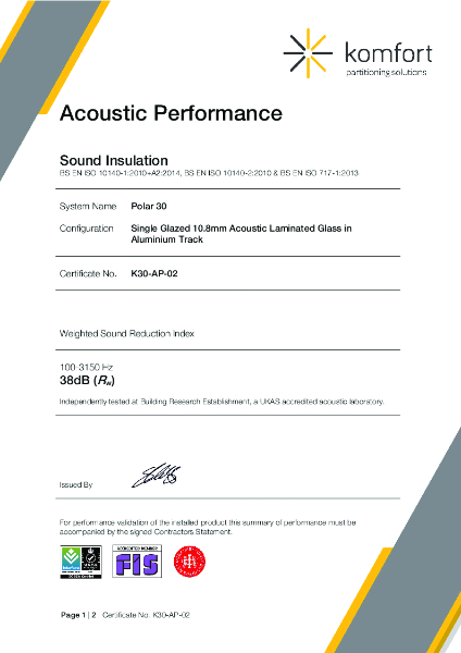 ISO 10140-2:2010 Sound Reduction Index Certificate