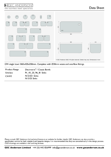 GEC Anderson Data Sheet - G94 (350) Single Bowl
