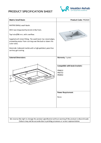 Matrix Small Basin - Product Specification Sheet