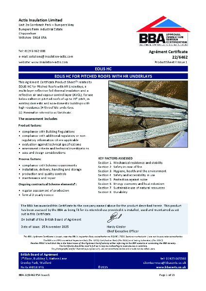 BBA certificate - Eolis HC - PS4 - Pitched Roof (with HR Underlays)