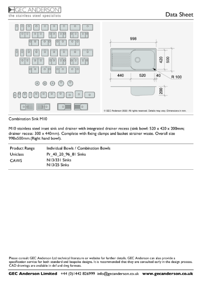 GEC Anderson Data Sheet - Sink Bowl: M10 R