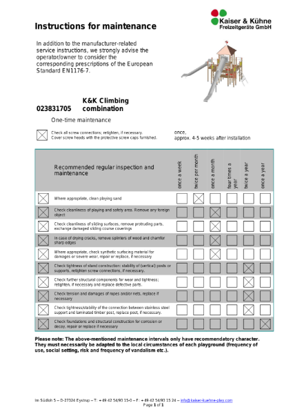 Climbing Tower 111 Maintenance Instructions