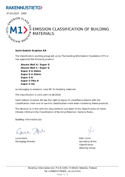 M1 Emissions Certfificate - Ecophon Akusto Wall A C ceilings Super G - Certificate