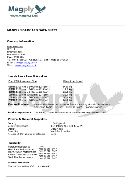 Magply Euroclass A1 Non-Combustible Fire Protection Board (various thicknesses)