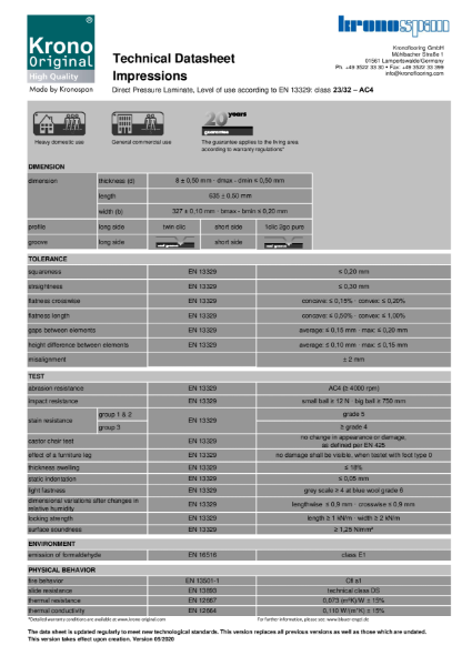 Krono Original® 8mm Impressions Technical Datasheet