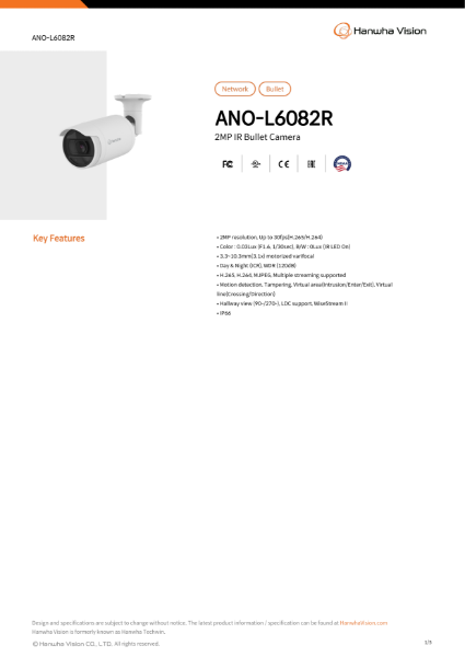 CCTV camera 2MP IR Bullet (ANO-L6082R) data sheet