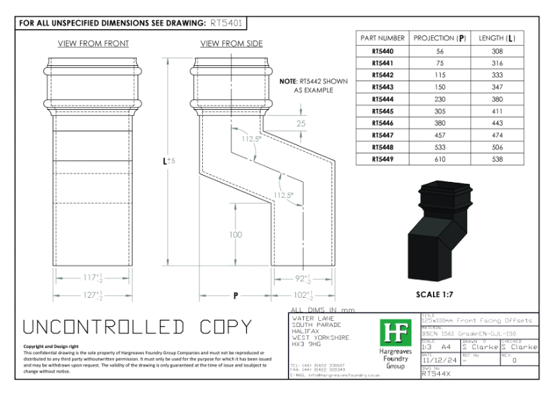 125x100mm Front Facing Rainwater Offsets Drawing