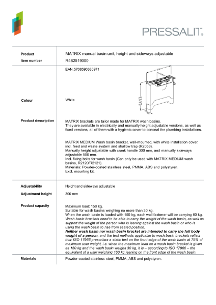 MATRIX manual basin unit, height and sideways adjustable