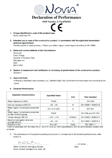 Novia VariCheck Air and Vapour Control Layer Declaration of Performance