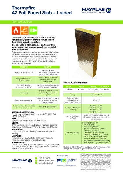 Mayplas Thermafire A2 Foil Faced Slab 1 sided - TDS issue 2 12 2024