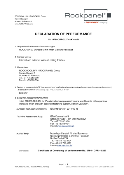 Declaration of Performance - Rockpanel 6mm