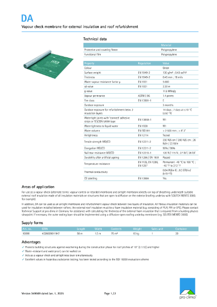 Pro Clima DA Technical Datasheet