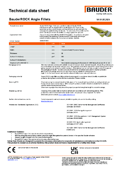 BauderROCK Angle Fillets - Technical Data Sheet