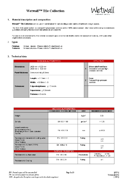 Tile Shower Panels - Technical Data Sheet