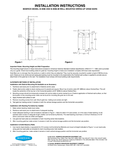 Installation Instructions - Bobrick Model B-4998 and B-4998.99 Wall Mounted Swing-Up Grab Bars