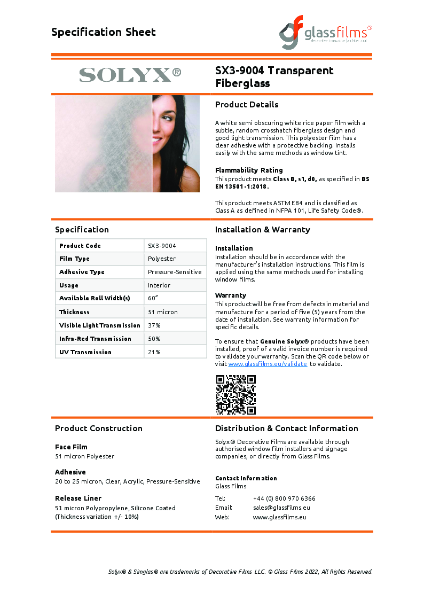 SX3-9004 Transparent Fiberglass Specification Sheet